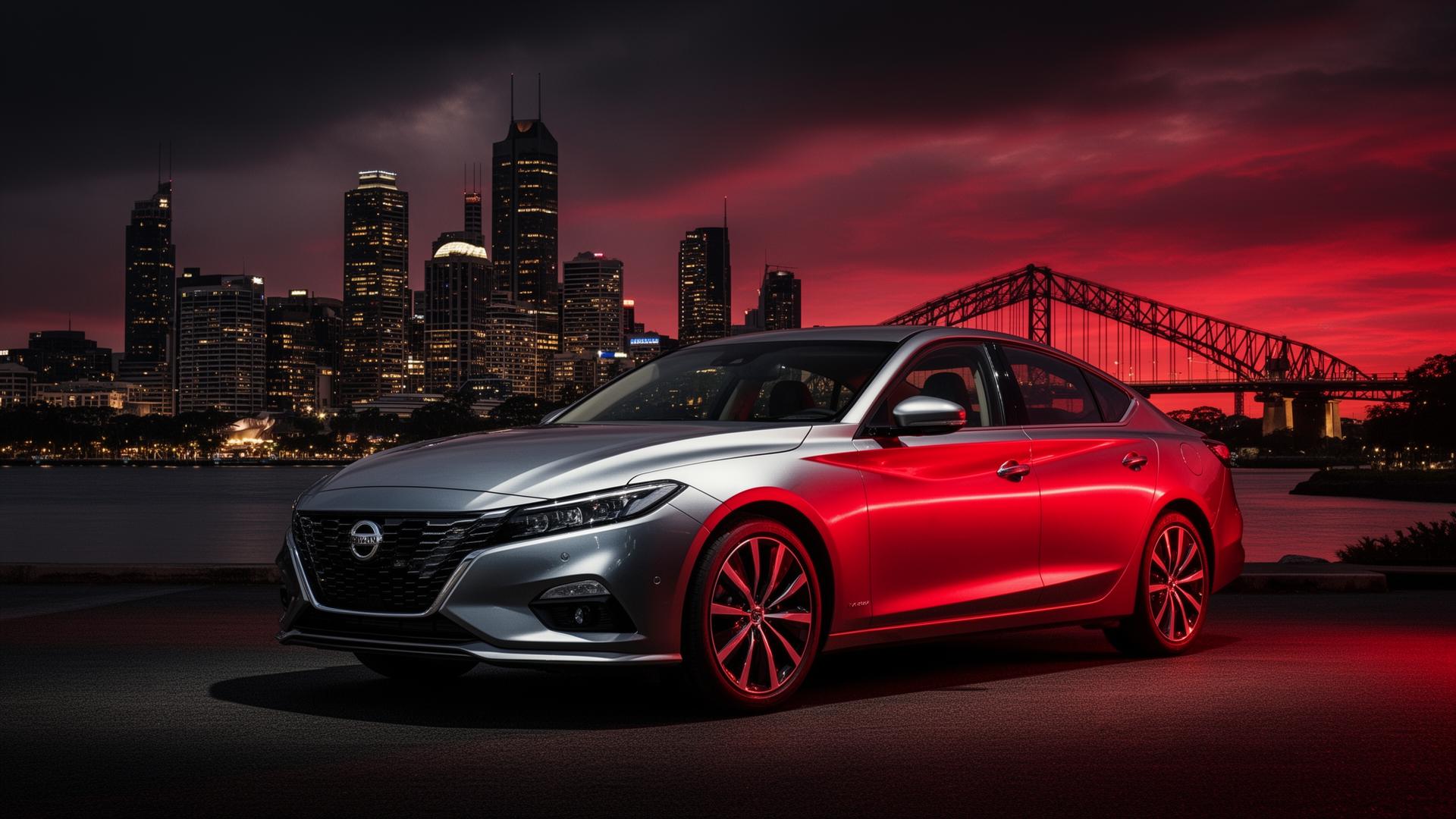 Affordable long-term rental car parked with Brisbane skyline in background